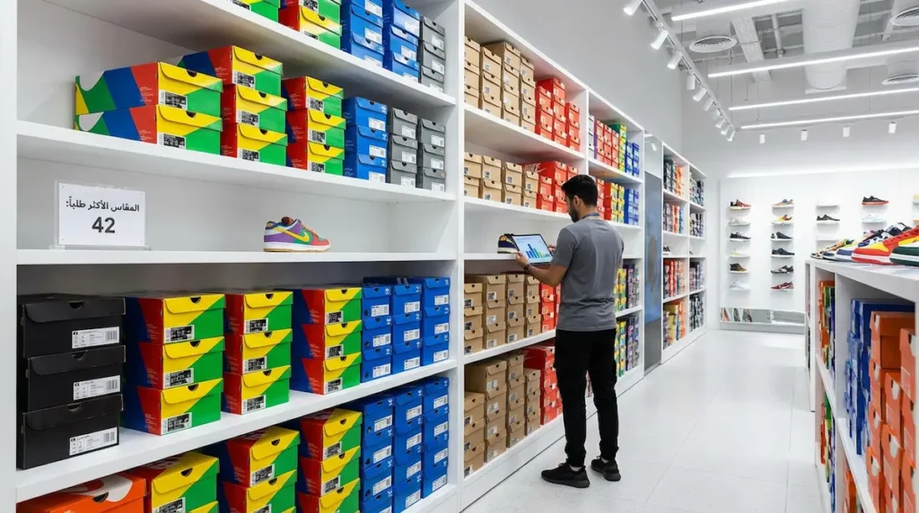 متجر أحذية رياضية مع لافتة توضح المقاس الأكثر طلباً وموظف يراجع بيانات المبيعات