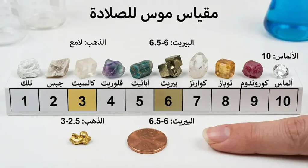 مقياس موس للصلادة من 1 إلى 10 يُظهر موقع الذهب عند 2.5-3 والبيريت عند 6-6.5 والألماس عند 10