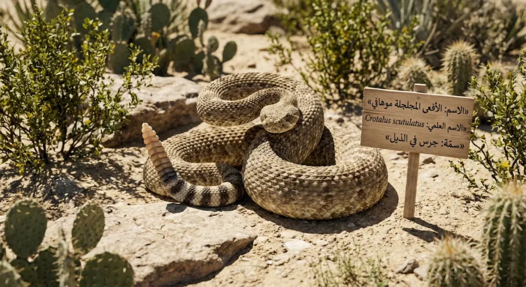 أفعى مجلجلة موهافي في صحراء مع ظهور الجرس وبطاقة تعريف عربية
