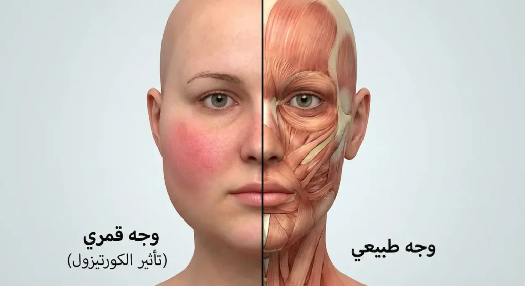 مقارنة طبية توضح أعراض الوجه القمري الناتج عن ارتفاع الكورتيزول.