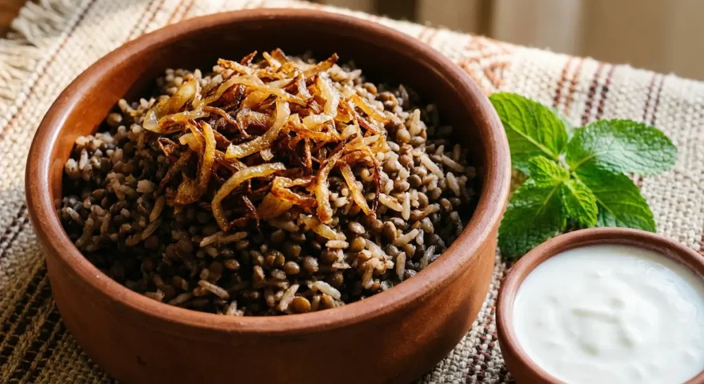 طبق مجدرة عربي تقليدي من العدس والأرز مع البصل المقلي، نموذج مثالي لتكامل البروتين النباتي