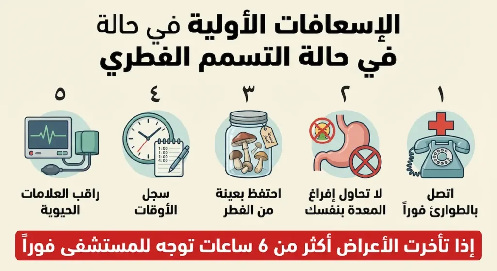 إنفوغرافيك عربي يوضح خمس خطوات للإسعافات الأولية في التسمم الفطري مع تحذير من تأخر الأعراض.
