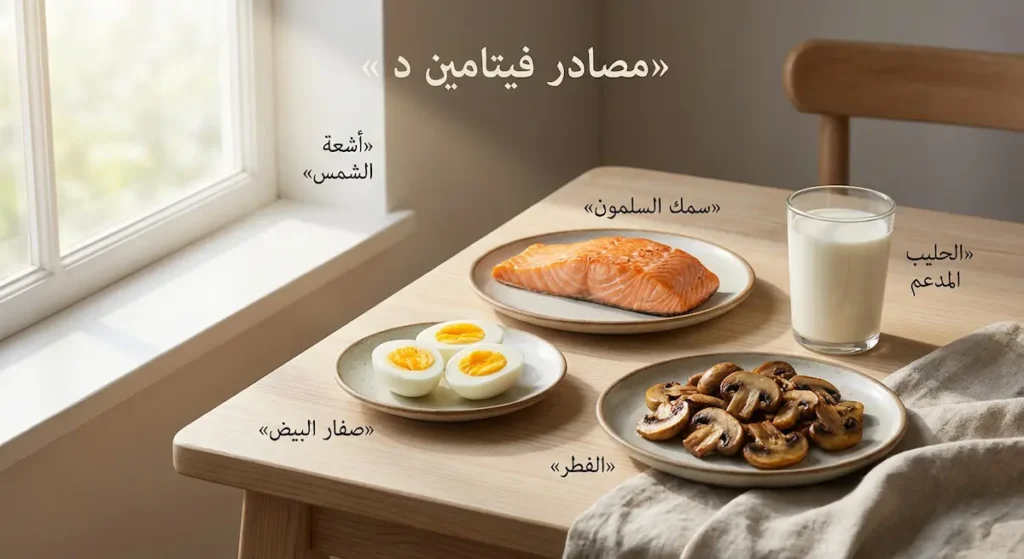 صورة أطعمة غنية بفيتامين د مع نافذة مضيئة وتوضيح الشمس كمصدر رئيسي