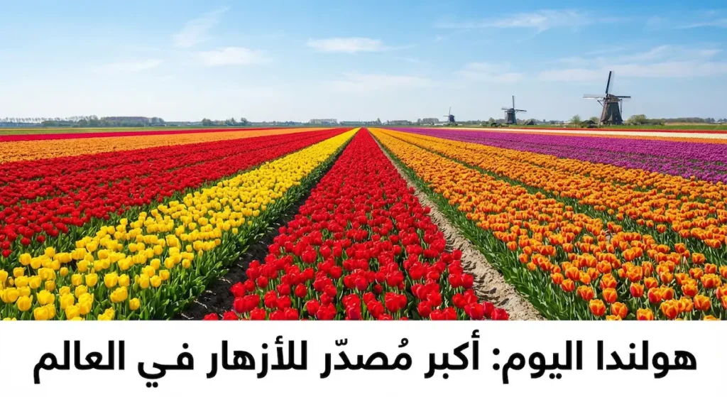 حقول توليب ملونة ممتدة في هولندا المعاصرة مع طواحين هواء تقليدية في الخلفية تحت سماء صافية