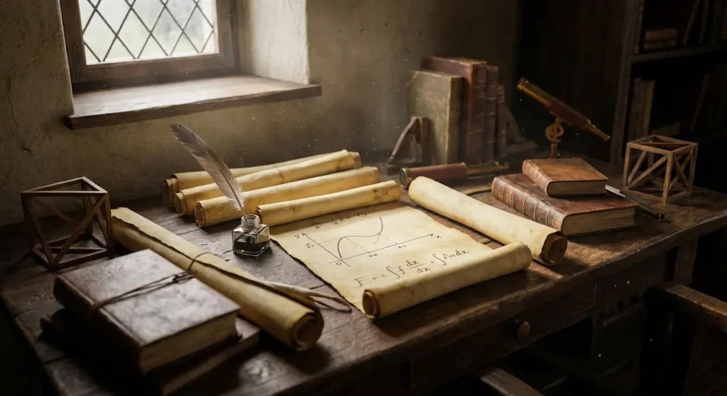 مكتب عالِم رياضيات من القرن السابع عشر مع مخطوطات ورسوم بيانية