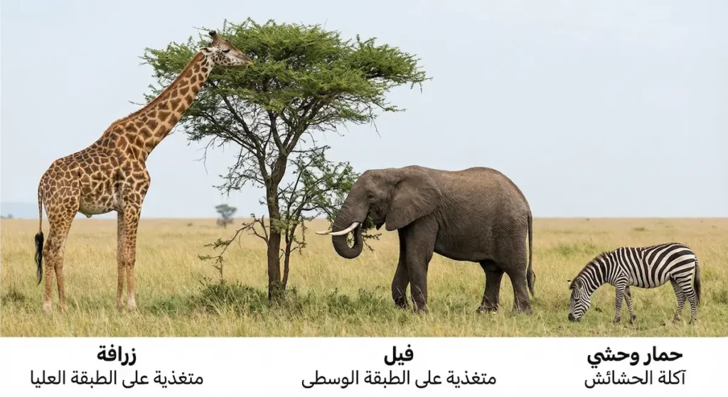 زرافة تتغذى على أوراق عالية وفيل يتغذى على أغصان متوسطة وحمار وحشي يرعى الحشائش في نفس المشهد.