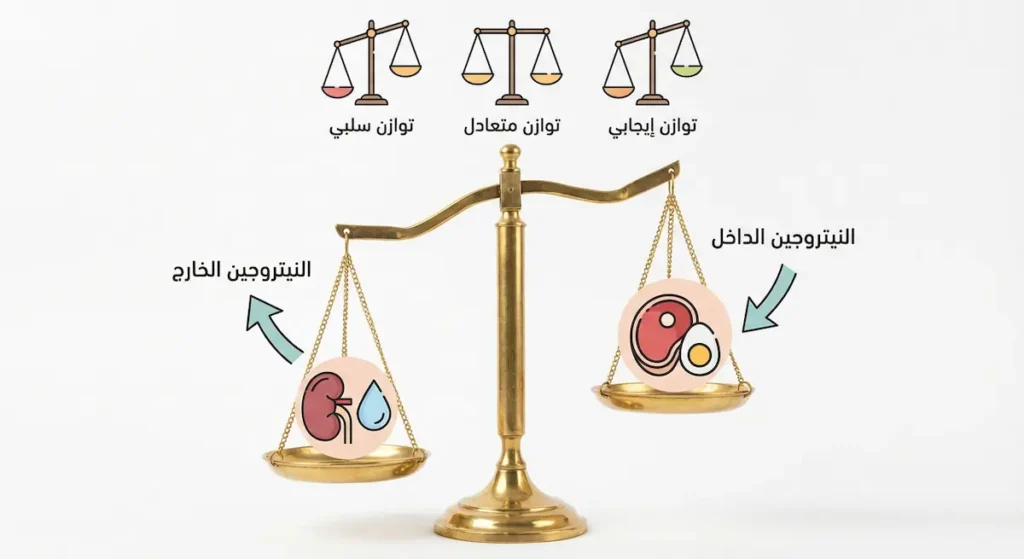 رسم توضيحي لميزان يُظهر مفهوم توازن النيتروجين بين الكمية الداخلة من الغذاء والخارجة عبر الكلى والعرق مع الحالات الثلاث الممكنة