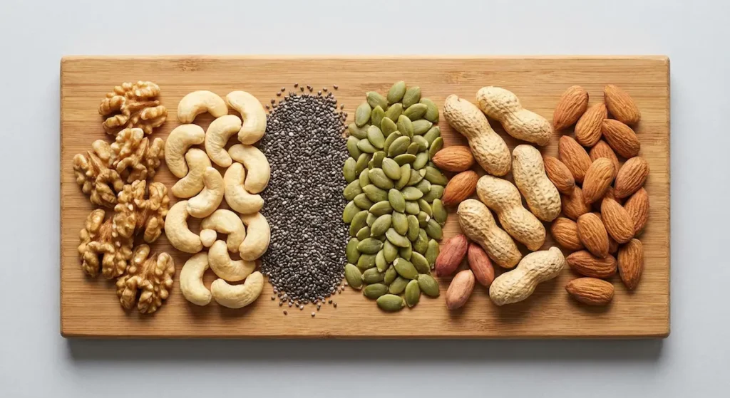 تشكيلة من المكسرات والبذور تشمل اللوز والفول السوداني وبذور اليقطين وبذور الشيا والكاجو والجوز مرتبة على لوح خشبي