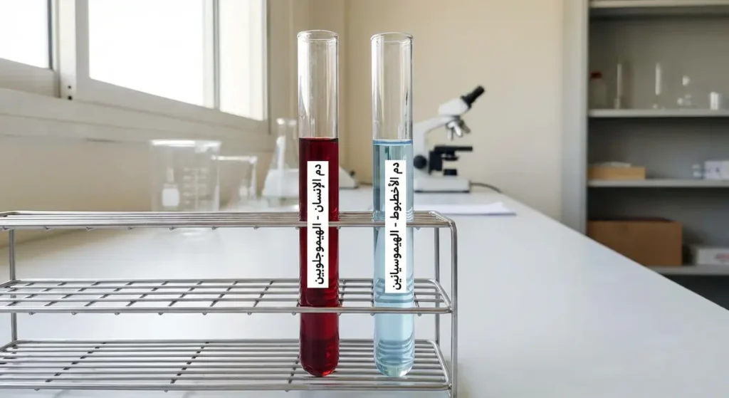  أنبوبتا اختبار إحداهما تحتوي دم أحمر بالهيموجلوبين والأخرى دم أزرق بالهيموسيانين