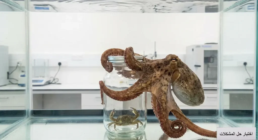  أخطبوط في حوض مائي يستخدم أذرعه لفتح وعاء زجاجي مغلق للوصول إلى طعامه