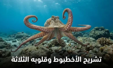 أخطبوط حي بأذرعه الثمانية الممتدة يسبح في قاع البحر الصخري مع عبارة تشريح الأخطبوط وقلوبه الثلاثة