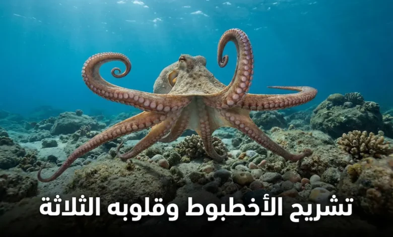 أخطبوط حي بأذرعه الثمانية الممتدة يسبح في قاع البحر الصخري مع عبارة تشريح الأخطبوط وقلوبه الثلاثة