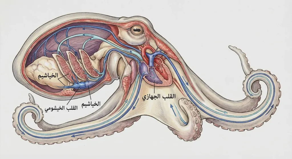  رسم تشريحي علمي يوضح القلب الجهازي والقلبين الخيشوميين ومسار الدم عبر خياشيم الأخطبوط