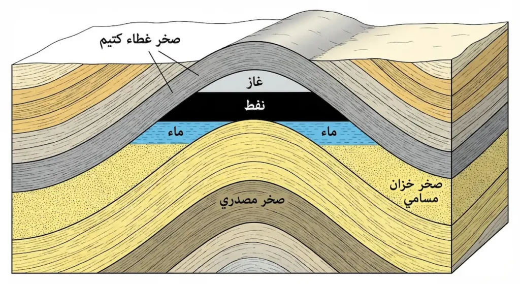  مقطع جيولوجي يوضح آلية تكون المصائد النفطية في الطيات المحدبة