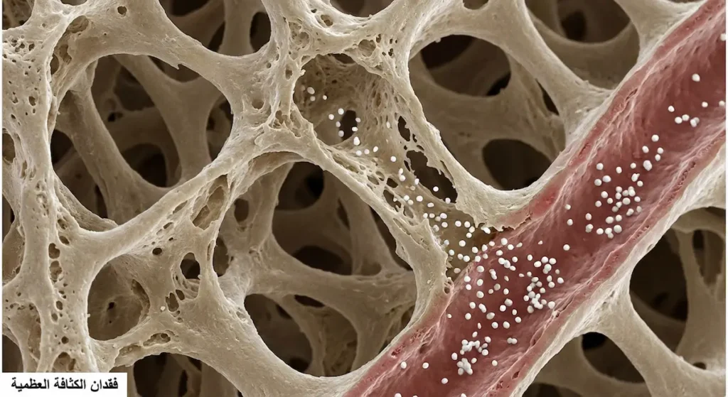  رسم مجهري يوضح تأثير الكورتيزول على كثافة العظام وسحب الكالسيوم.