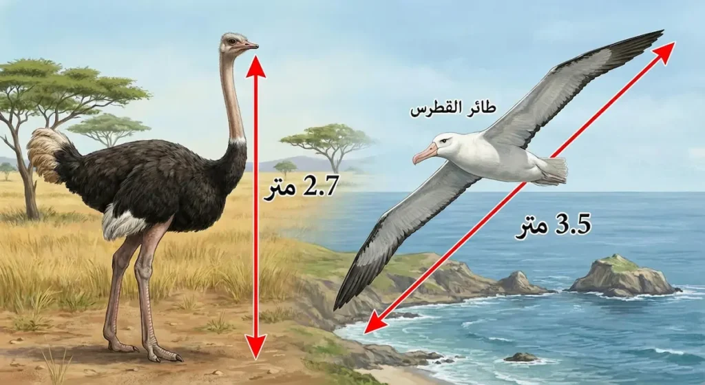 مقارنة بين النعامة بارتفاع 2.7 متر وطائر القطرس المتجول بامتداد جناحين 3.5 متر