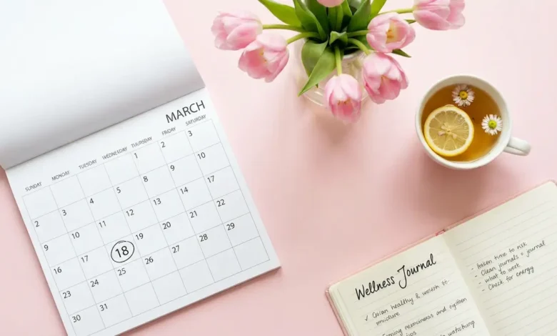 تقويم لتتبع الدورة الشهرية مع زهور وردية وكوب شاي دافئ على مكتب أبيض، يعبر عن العناية بالصحة النسائية.