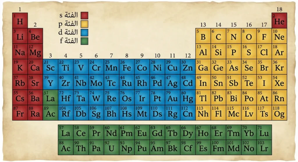 جدول دوري ملون يُظهر الفئات الأربع: s وp وd وf بألوان مختلفة