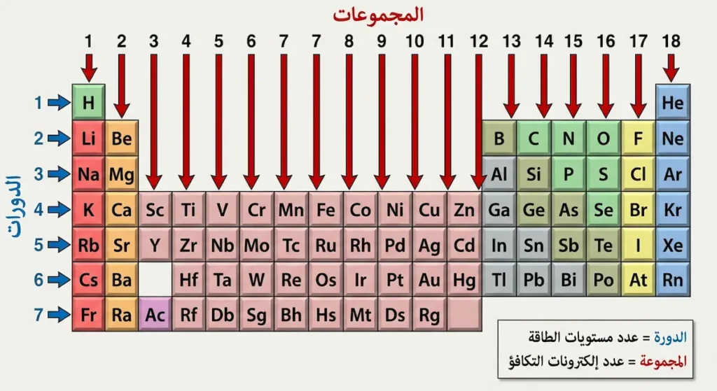 رسم توضيحي للجدول الدوري يُبرز الدورات الأفقية السبع والمجموعات الرأسية الثمانية عشرة