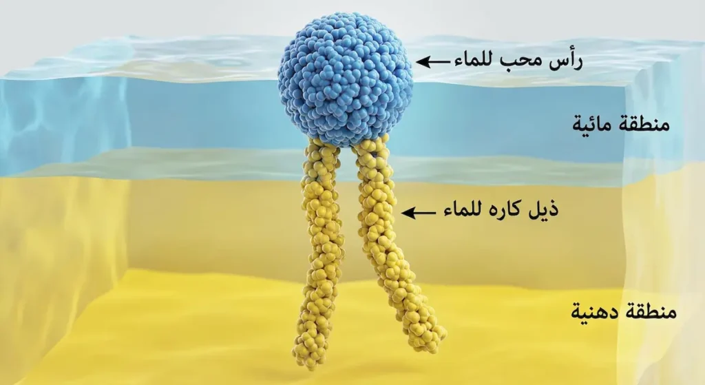 رسم تخطيطي يوضح جزيء الفسفوليبيد برأس محب للماء وذيل كاره للماء يعمل كجسر بين المنطقة المائية والدهنية