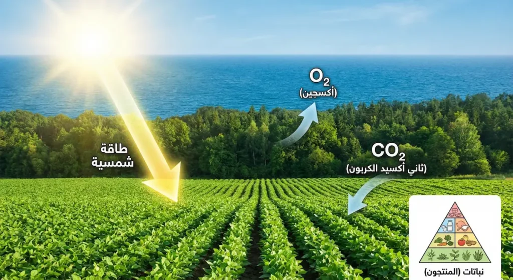 منظر طبيعي يجمع الحقول الزراعية والغابات والمحيط تحت أشعة الشمس يوضح دور البناء الضوئي في دعم الحياة