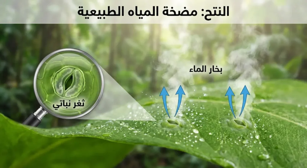 صورة مُكبَّرة لورقة نبات تُظهر الثغور المجهرية التي يخرج منها بخار الماء خلال عملية النتح