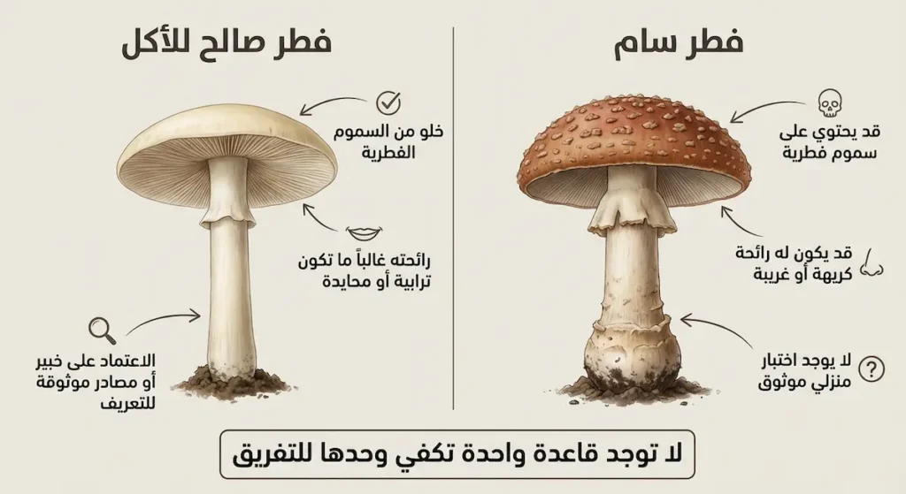 إنفوغرافيك يقارن بين "فطر سام" و"فطر صالح للأكل" مع توضيح مصطلح "سموم فطرية"