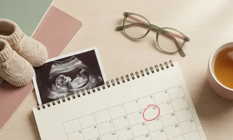 أدوات تخطيط الحمل تشمل تقويماً وصورة سونار وحذاء طفل رضيع، تعبيراً عن حاسبة الحمل والولادة.