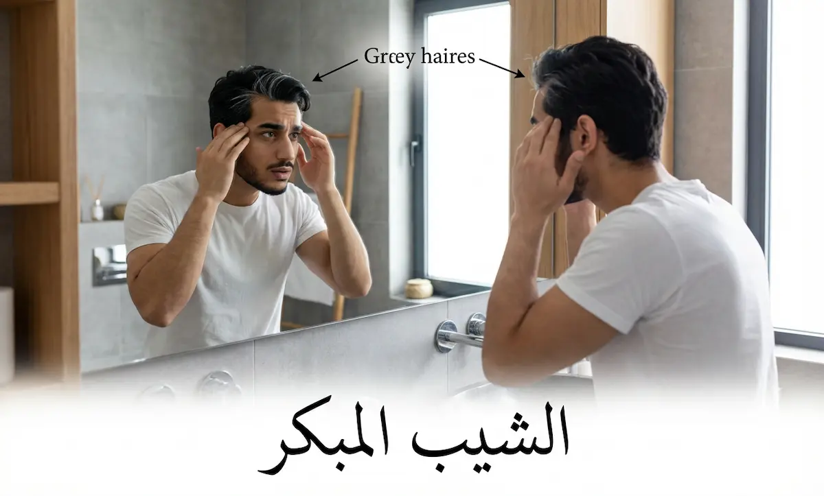 شاب عربي في العشرينيات ينظر في المرآة ويلاحظ ظهور الشيب المبكر على صدغيه