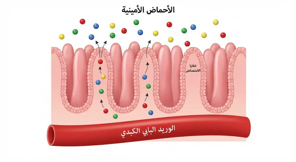 رسم تشريحي مكبر لزغابات الأمعاء الدقيقة يوضح آلية امتصاص الأحماض الأمينية ونقلها إلى الوريد البابي الكبدي