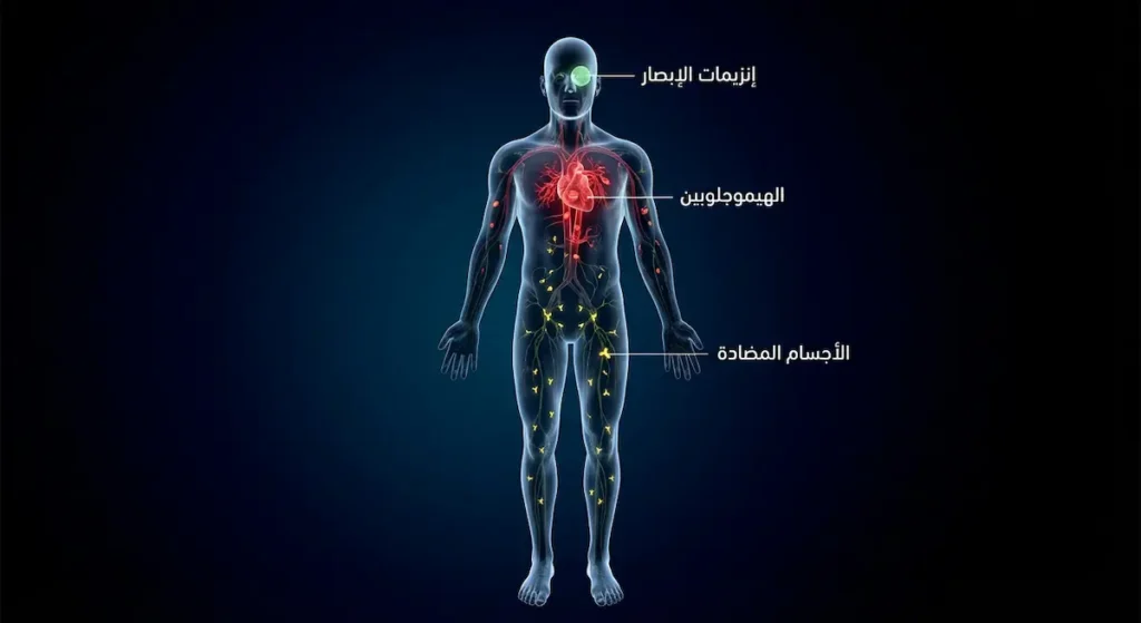 رسم توضيحي لجسم إنسان شفاف يُظهر ثلاثة أنواع من البروتينات العاملة: إنزيمات الإبصار في العين والهيموجلوبين في الدم والأجسام المضادة في الجهاز المناعي