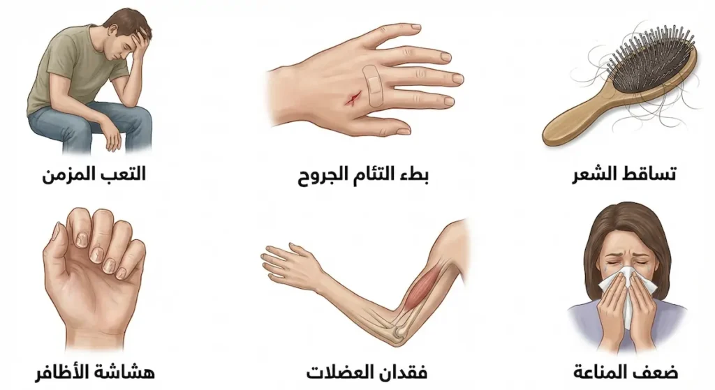  رسم توضيحي يُظهر ست أعراض لنقص البروتين تشمل التعب وبطء التئام الجروح وتساقط الشعر وهشاشة الأظافر وفقدان العضلات وضعف المناعة