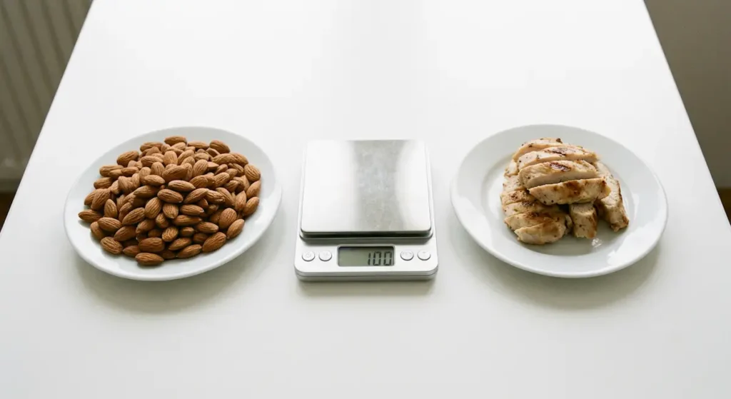 مقارنة كثافة البروتين: 100 جرام صدر دجاج مقابل 100 جرام لوز على ميزان، توضح الفرق في السعرات الحرارية