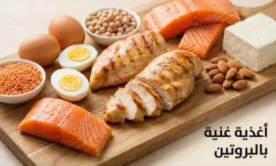 تشكيلة متنوعة من أغذية غنية بالبروتين تشمل صدور الدجاج والسلمون والبيض والعدس والحمص واللوز والتوفو مرتبة على سطح خشبي