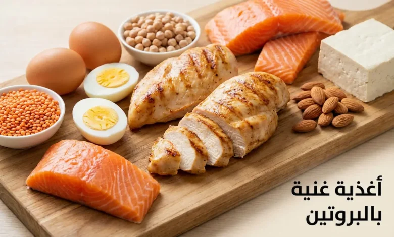 تشكيلة متنوعة من أغذية غنية بالبروتين تشمل صدور الدجاج والسلمون والبيض والعدس والحمص واللوز والتوفو مرتبة على سطح خشبي