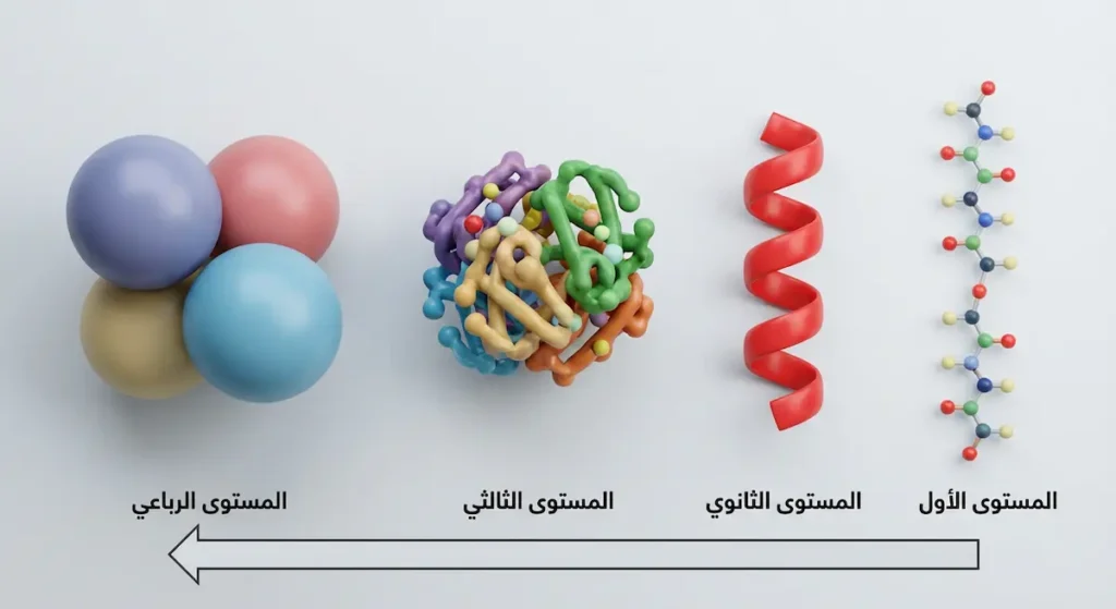 رسم توضيحي يُظهر المستويات الأربعة لبنية البروتين من السلسلة الخطية إلى التركيب الرباعي المعقد