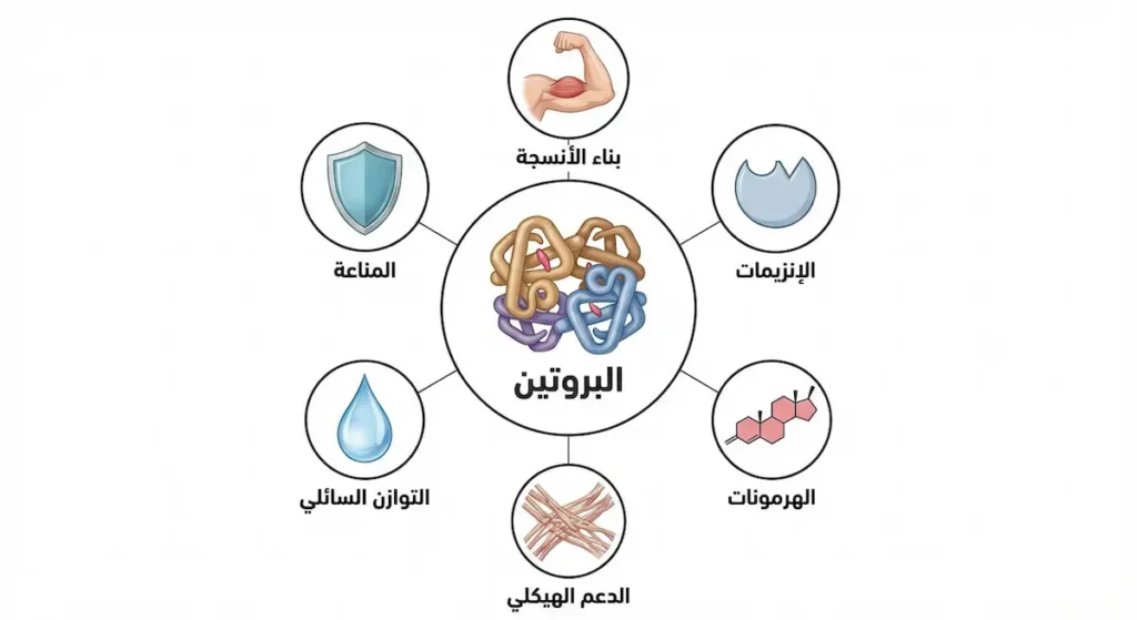  رسم توضيحي يُظهر ست وظائف حيوية للبروتين تشمل بناء الأنسجة والإنزيمات والهرمونات والدعم الهيكلي والتوازن السائلي والمناعة