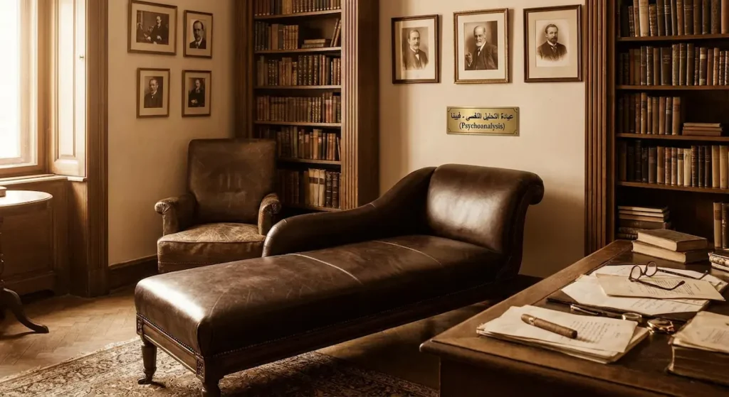 مكتب تحليل نفسي تاريخي في فيينا يُظهر الأريكة الشهيرة وكرسي المحلل
