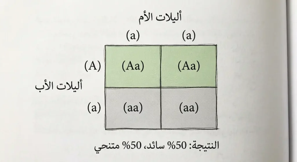 مربع بانيت يوضح تزاوج فرد هجين Aa مع فرد متنحي aa ونتائجه الاحتمالية