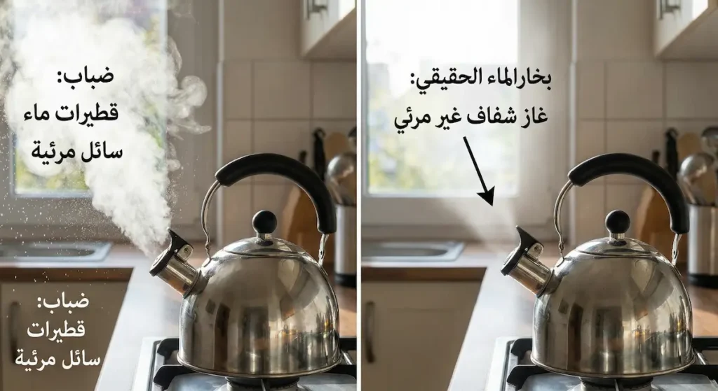 مقارنة توضيحية بين البخار الحقيقي غير المرئي والضباب المرئي المتصاعد من إبريق شاي ساخن