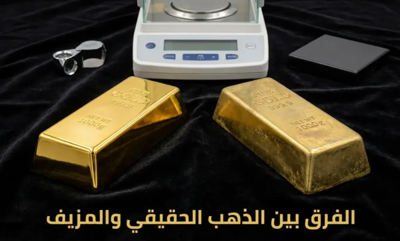 سبيكة ذهب حقيقية لامعة بجانب سبيكة مزيفة باهتة على سطح مخملي أسود مع أدوات فحص علمية في الخلفية