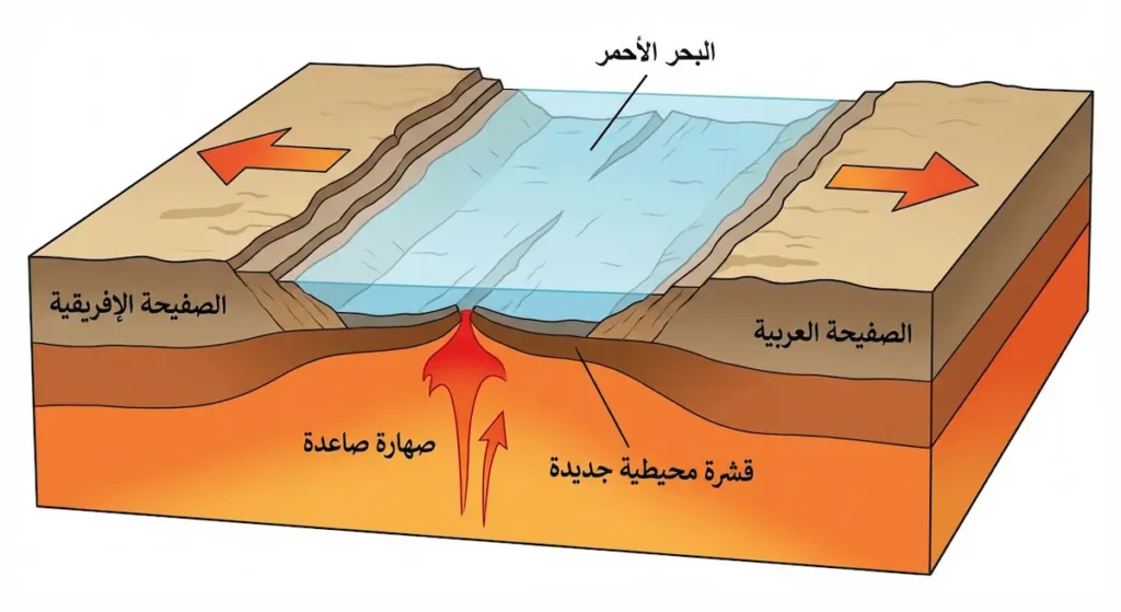 مقطع عرضي يوضح آلية التصدع وتكون قشرة محيطية جديدة في البحر الأحمر