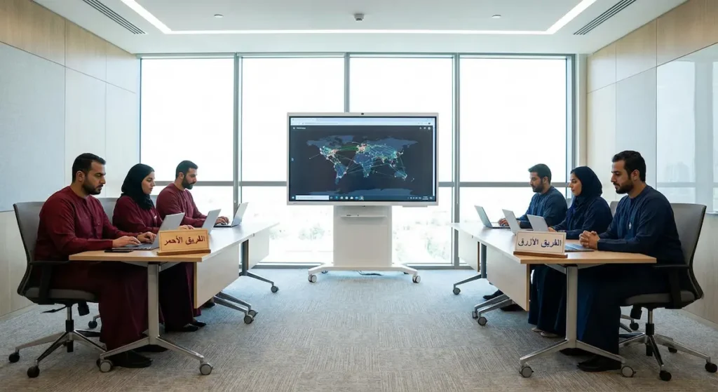 الفريق الأحمر للهجوم والفريق الأزرق للدفاع يعملان في بيئة محاكاة أمنية