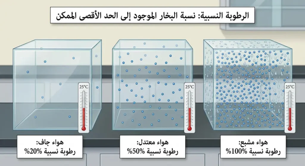  مقارنة بصرية بين ثلاث حالات للرطوبة النسبية: هواء جاف ومعتدل ومشبع عند نفس درجة الحرارة