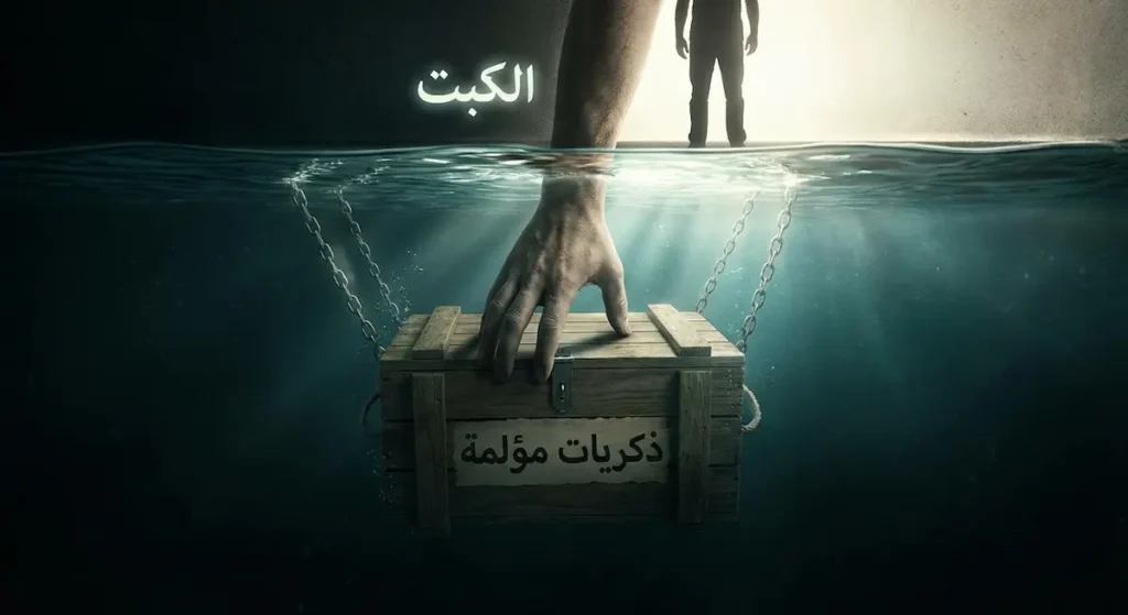  تمثيل رمزي لآلية الكبت يُظهر يداً تدفع صندوق الذكريات المؤلمة إلى أعماق اللاوعي