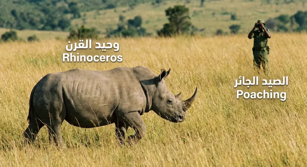 وحيد قرن حي في السافانا مع حارس محمية بعيد يراقب لحمايته دون مشهد عنف.