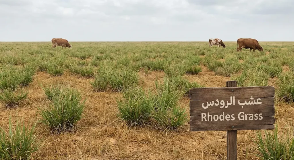 حقل عشب الرودس في بيئة شبه جافة مع ماشية قليلة ترعى بشكل واقعي.