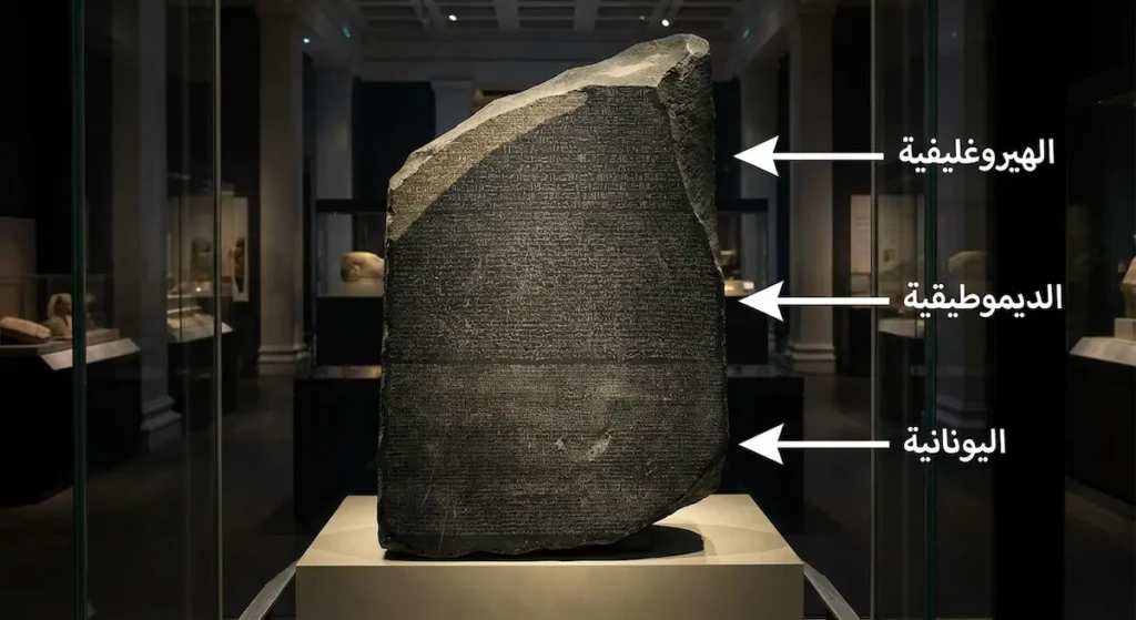 حجر رشيد البازلتي الأسود يُظهر ثلاثة أنواع من الكتابات: الهيروغليفية والديموطيقية واليونانية