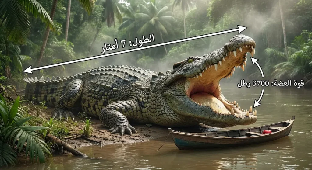 تمساح المياه المالحة العملاق يفتح فكيه، يُظهر طوله البالغ 7 أمتار وقوة عضته الهائلة
