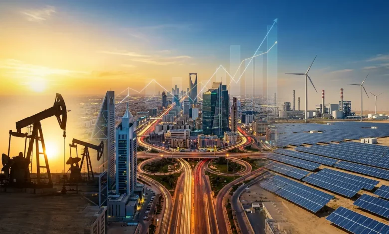 مشهد بانورامي حديث لمدينة الرياض مع تراكب لعناصر نفطية وطاقة متجددة يرمز لانتقال الاقتصاد السعودي من الاعتماد على النفط إلى التنويع.
